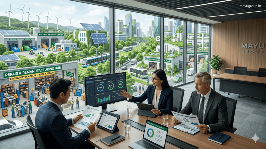 Business executives and investors reviewing sustainability investments while overlooking a modern green city with recycling facilities, renewable energy infrastructure, and circular manufacturing operations.