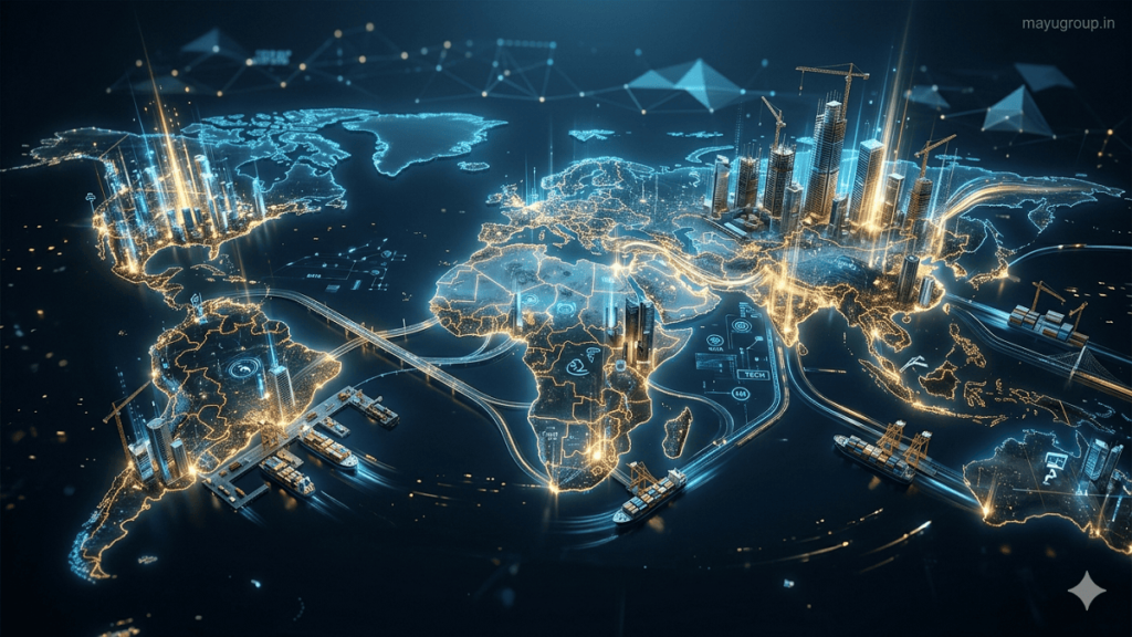 A cinematic 3D visualization of emerging markets showing glowing developing regions across Asia, Africa, and South America with rising infrastructure, digital growth symbols, and global capital flows, with a small “mayugroup.in” watermark in the top-right corner.