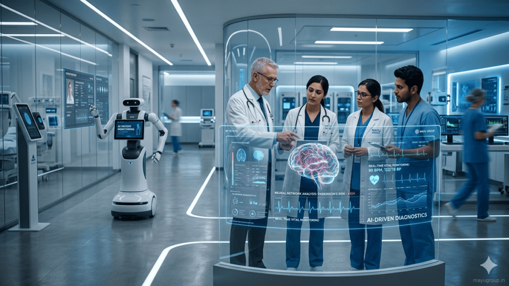 Doctors working with AI systems in a futuristic smart hospital using holographic patient data and digital health monitoring screens.