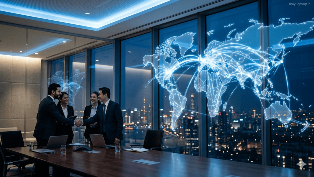 Modern corporate headquarters overlooking a glowing world map with connected global investment routes and business collaboration scenes, with watermark “mayugroup.in” in the top right corner.