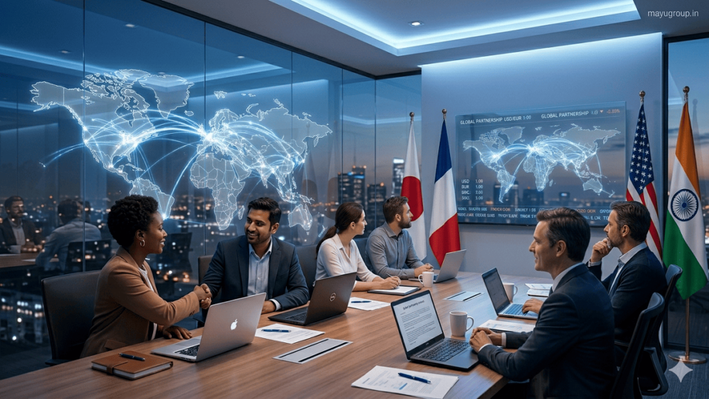 Business leaders from different countries collaborating in a modern boardroom with a digital world map, representing global partnerships, international trade, and cross-border business cooperation.