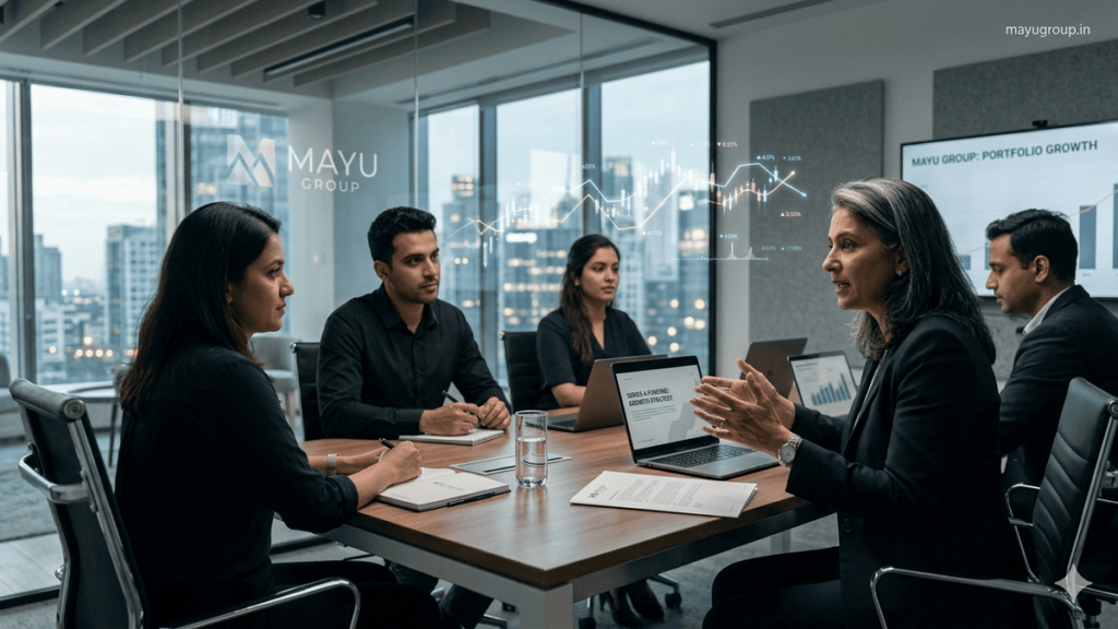 A lead investor discussing funding strategy with startup founders in a modern boardroom, representing venture capital decision-making.