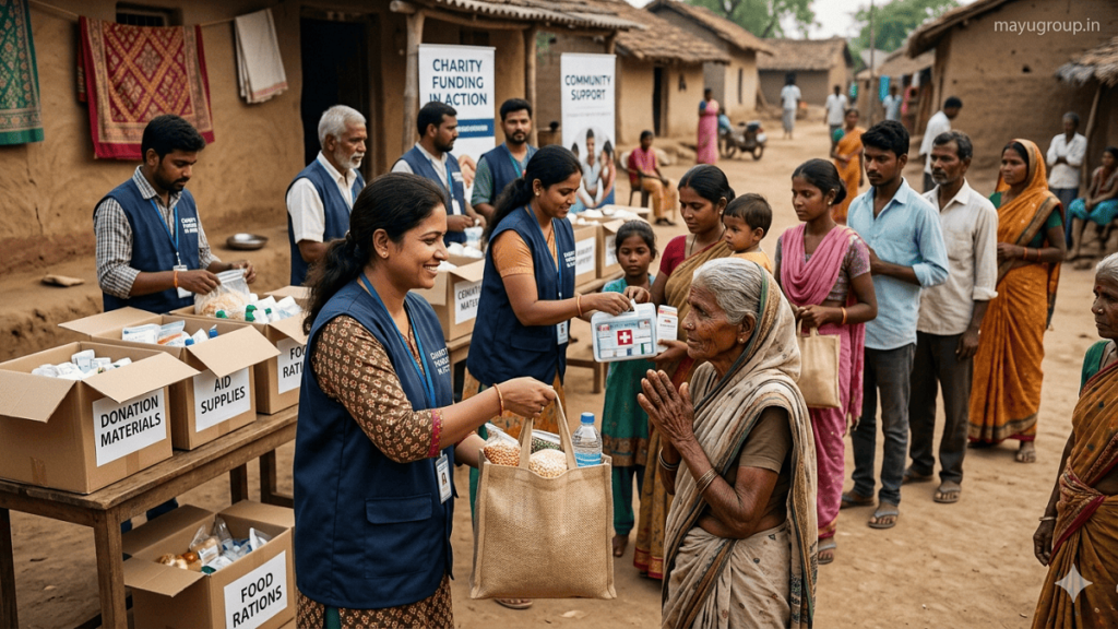 Volunteers distributing food and medical aid to underprivileged families in a community setting with a documentary-style realistic look.