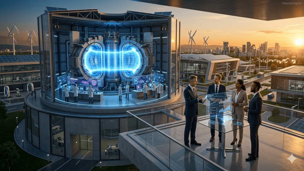 A futuristic fusion reactor glowing with blue plasma inside a high-tech facility where scientists and investors discuss clean energy investment strategies.