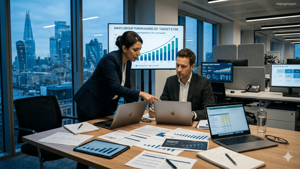 Business professionals reviewing investor profiles and discussing investment opportunities during a corporate meeting in a modern office environment.