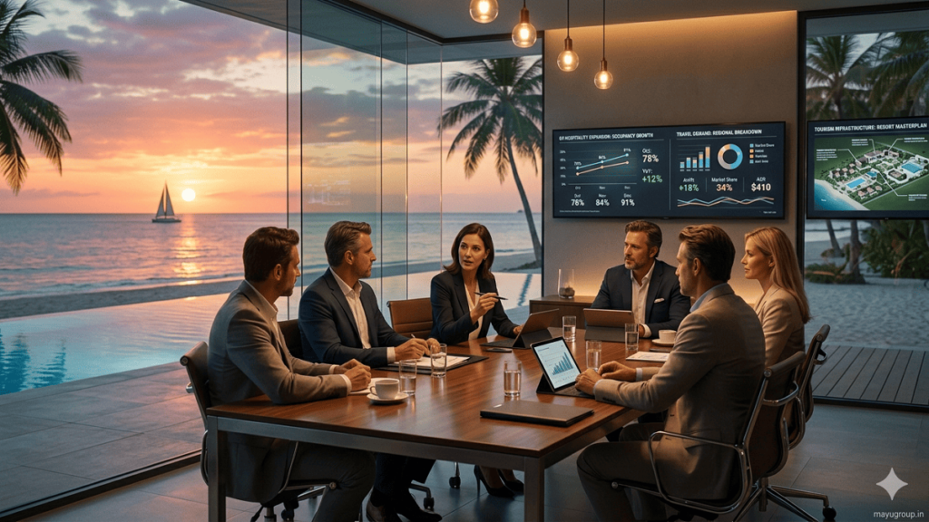 Investors and tourism executives discussing a luxury resort investment deal in a glass lounge overlooking the ocean at sunset.