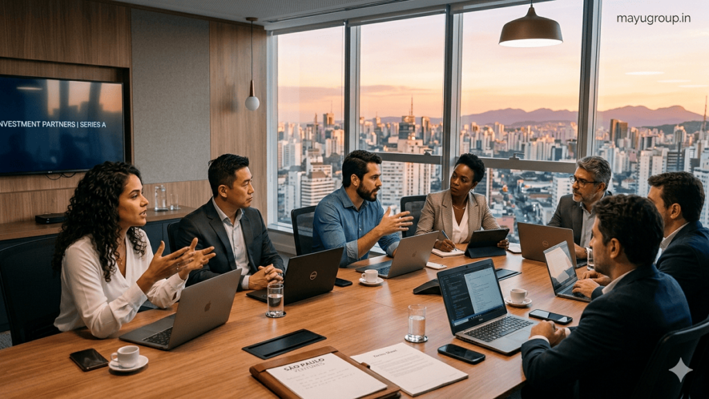 Venture capital investors and startup founders discussing funding in a modern Latin American boardroom with city skyline at sunset.