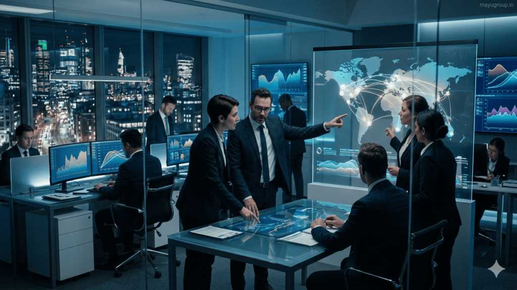 A realistic corporate treasury department with financial analysts monitoring digital screens showing liquidity and cash flow data in a high-tech office.