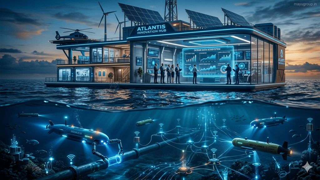 OceanTech Investment. A futuristic offshore platform with underwater robotics and investors analyzing holographic ocean data in a high-tech control room.