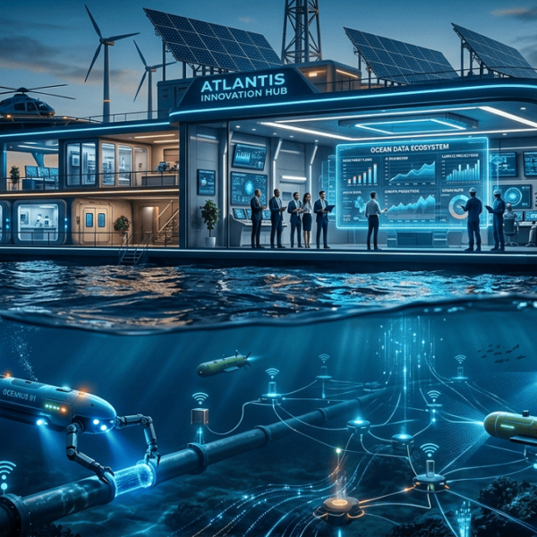 OceanTech Investment. A futuristic offshore platform with underwater robotics and investors analyzing holographic ocean data in a high-tech control room.