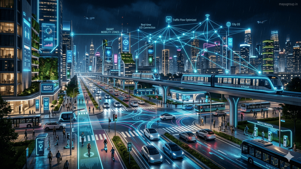 Smart Mobility Funding. A futuristic smart city with autonomous cars, electric vehicles, smart roads, and AI-controlled traffic systems operating in a connected digital network.