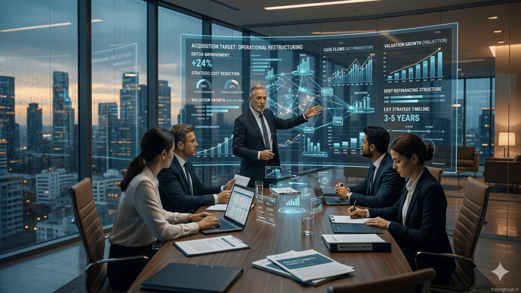 Private Equity Firms. Private equity professionals analyzing a corporate acquisition in a modern boardroom with financial transformation and restructuring visuals.