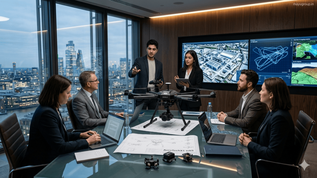 Investors and engineers discussing advanced drone technology in a modern startup innovation center with commercial drones and digital research equipment.