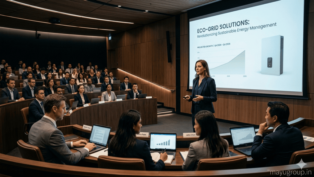 Funding opportunities. A realistic office meeting scene where entrepreneurs and investors discuss business funding in a modern glass conference room with laptops and documents.