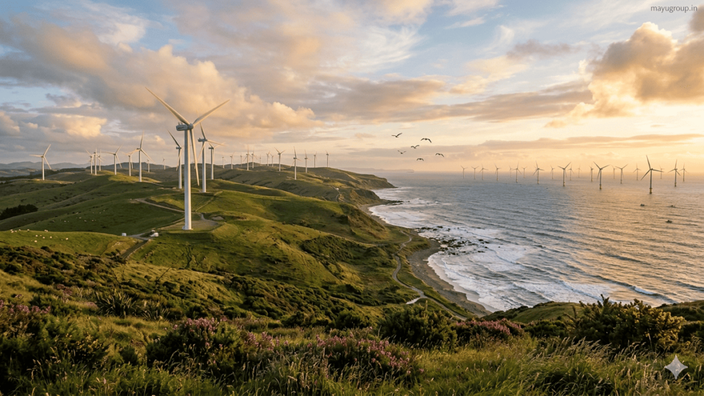 Wind Energy Investment. A coastal landscape with onshore wind turbines on green hills and offshore wind turbines in the sea under a golden sky.