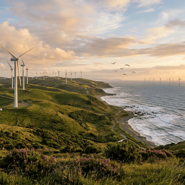 Wind Energy Investment. A coastal landscape with onshore wind turbines on green hills and offshore wind turbines in the sea under a golden sky.