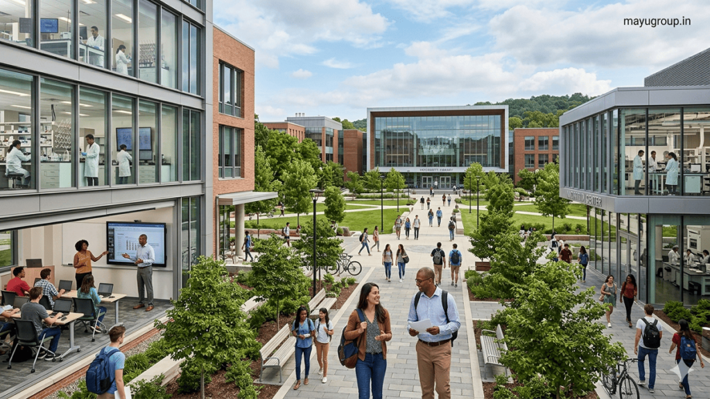 Students and researchers working in a modern university campus with advanced laboratories, digital classrooms, and innovation centers representing the impact of university grants on higher education.