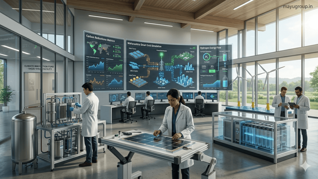 Climate Innovation Funding. Scientists working in a modern clean energy research lab developing solar, wind, and hydrogen technologies with digital energy monitoring screens, cinematic lighting, watermark “mayugroup.in” in the top right corner.