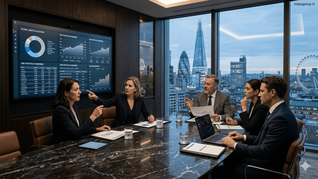High Net Worth Investors. A High Net Worth Investor reviewing investment strategies with financial advisors in a luxury glass-walled boardroom overlooking a city skyline