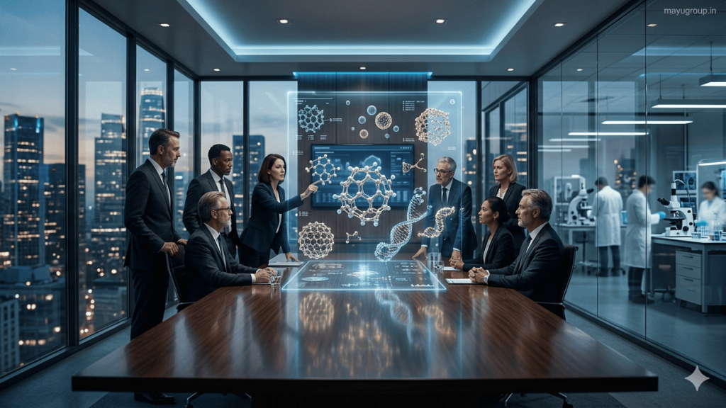 A futuristic glass boardroom where investors observe a glowing holographic display of nanotechnology structures and molecular systems.