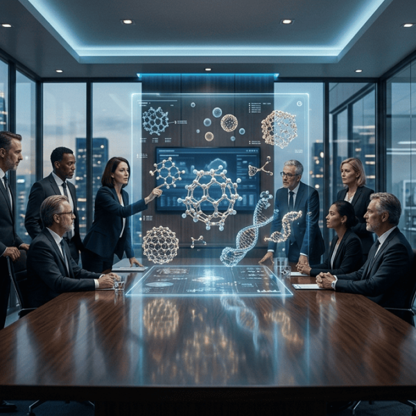 A futuristic glass boardroom where investors observe a glowing holographic display of nanotechnology structures and molecular systems.