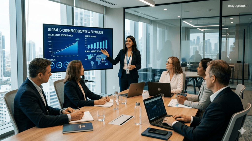 E-commerce Funding. Entrepreneur presenting an e-commerce business pitch to investors in a modern office with growth charts displayed on a screen and a professional meeting environment.