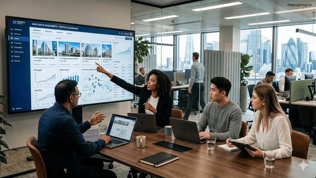 A modern office scene showing professionals analyzing real estate investment dashboards on large digital screens in a collaborative financial technology environment.