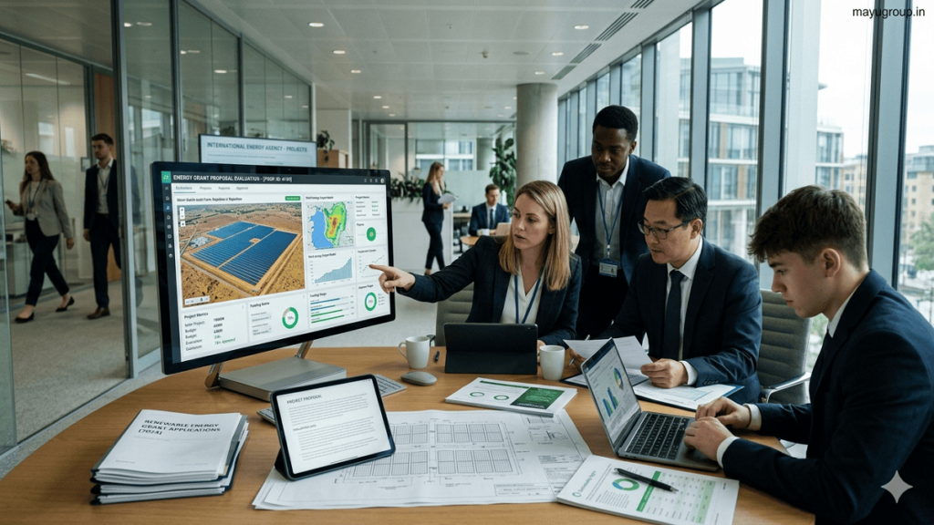 Professionals reviewing renewable energy project proposals on digital screens in a modern office environment.