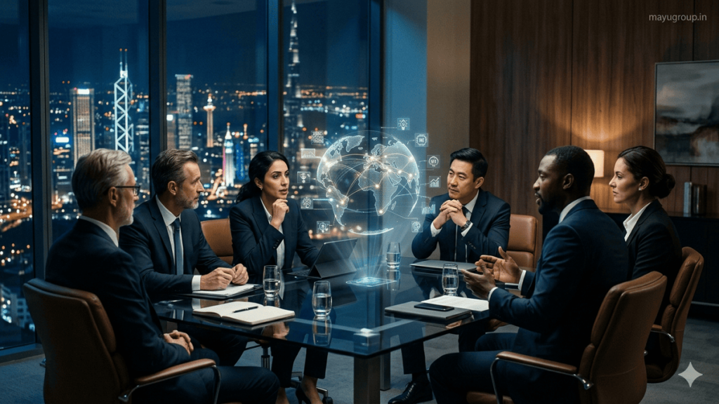 Diverse investors discussing international syndicate investments in a modern high-rise boardroom with global holographic financial projections.