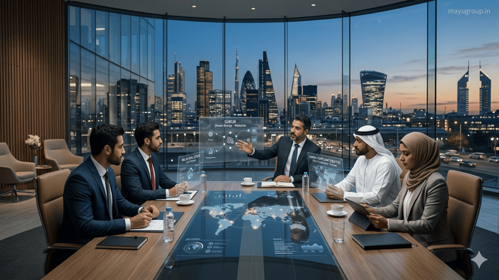A cinematic corporate boardroom scene showing professionals discussing ethical Islamic fund investments with digital interfaces in a modern glass office environment.