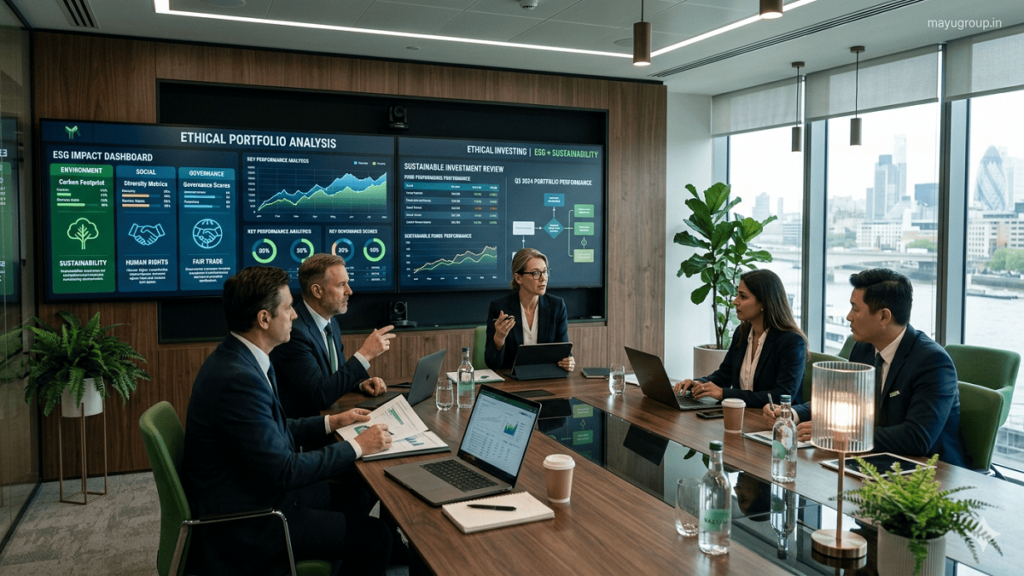 A corporate boardroom where professionals analyze ethical investing data on digital dashboards showing sustainability, governance, and social impact metrics.