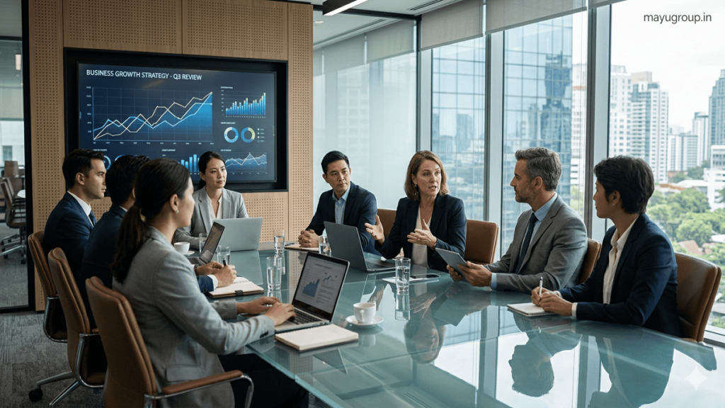 Strategic Investors. A realistic corporate boardroom scene showing executives and investors discussing business strategy around a glass table with digital screens in the background, with a subtle “mayugroup.in” watermark in the top right corner.