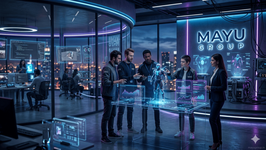 Gaming Investment. Developers and investors collaborating in a futuristic gaming innovation hub with holographic screens and digital game models.