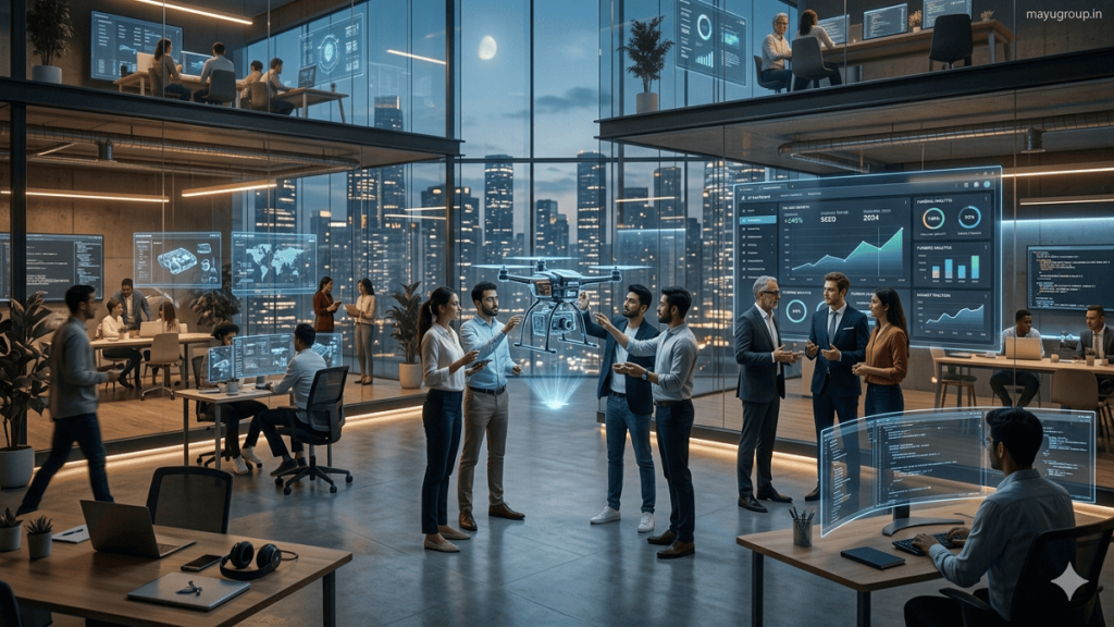 Future Unicorn Startups. Entrepreneurs and investors collaborate in a futuristic startup office with holographic screens, AI dashboards, and innovation-driven workspace.