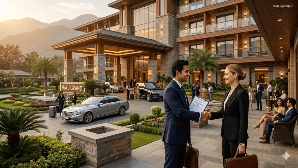 Business professionals discussing hospitality investment plans in front of a modern luxury hotel and resort development.