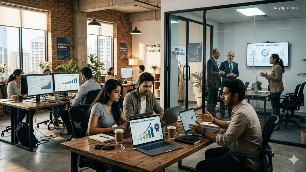 Alternative Financing. Entrepreneurs working in a modern co-working space with investors discussing funding opportunities in a glass meeting room.
