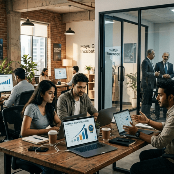 Alternative Financing. Entrepreneurs working in a modern co-working space with investors discussing funding opportunities in a glass meeting room.