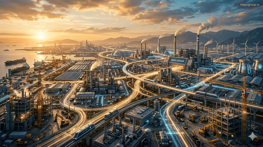 Industry Investments. A futuristic industrial city at sunrise with factories, renewable energy plants, and connected infrastructure symbolizing industry investment growth, with “mayugroup.in” in the top right corner.