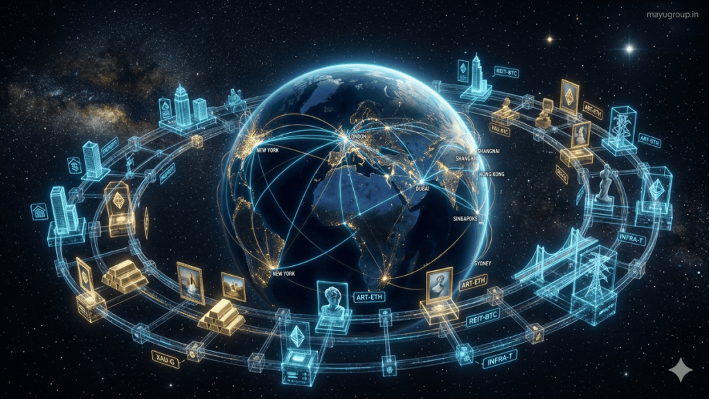 Cinematic view of Earth connected by glowing blockchain networks with floating tokenized real-world assets like real estate, gold, and infrastructure, with a “mayugroup.in” watermark in the top-right corner.