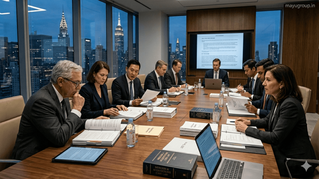 Private equity investors and corporate executives discussing a leveraged buyout transaction in a modern boardroom with financial documents and a city skyline in the background.