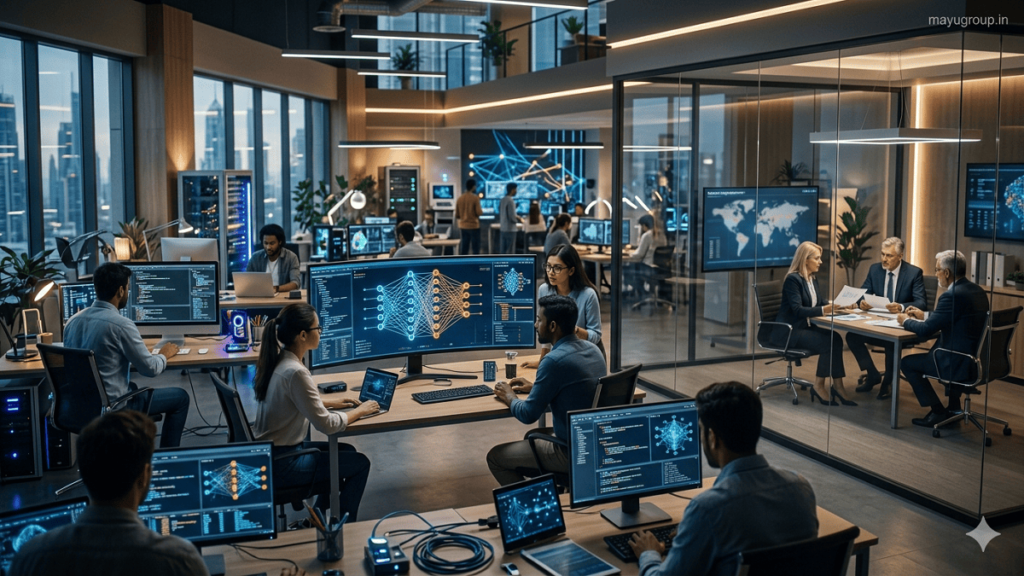 A modern AI startup office with engineers, investors, and AI model screens, showing funding discussions, with “mayugroup.in” watermark in the top right corner.