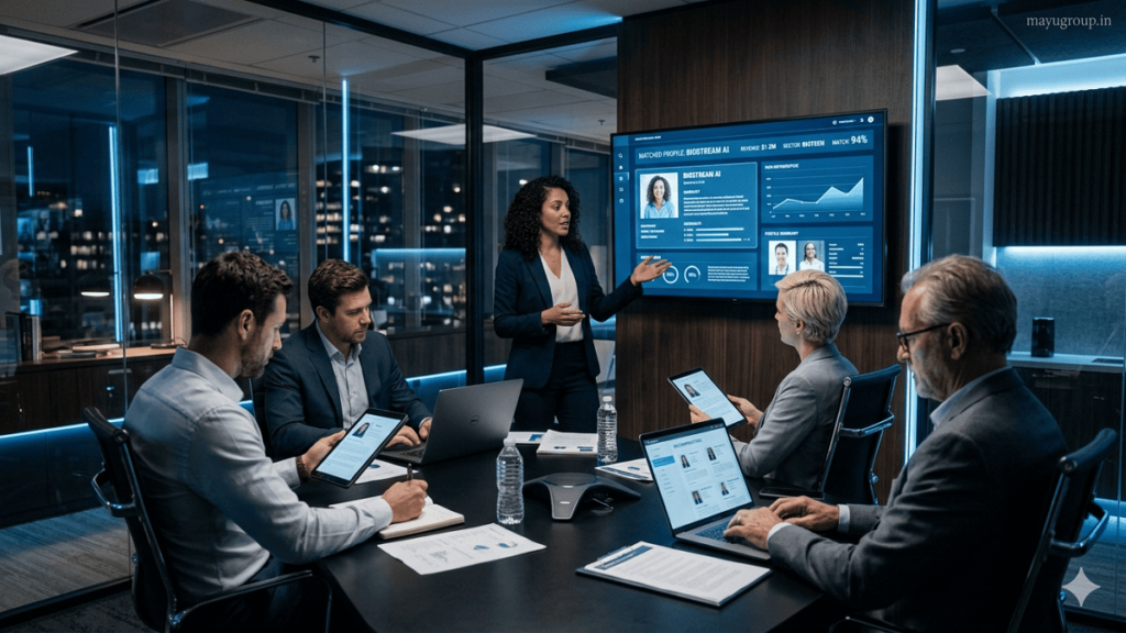 A realistic office scene showing a startup founder presenting to investors using a digital platform for investor matching in a modern corporate environment.