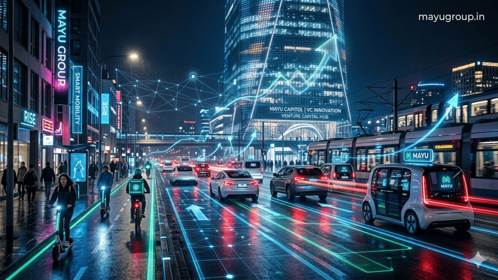 A futuristic city at night showing electric cars, scooters, and delivery vehicles moving through smart streets with glowing digital pathways and a skyscraper symbolizing investment in mobility startups, with “mayugroup.in” in the top-right corner.