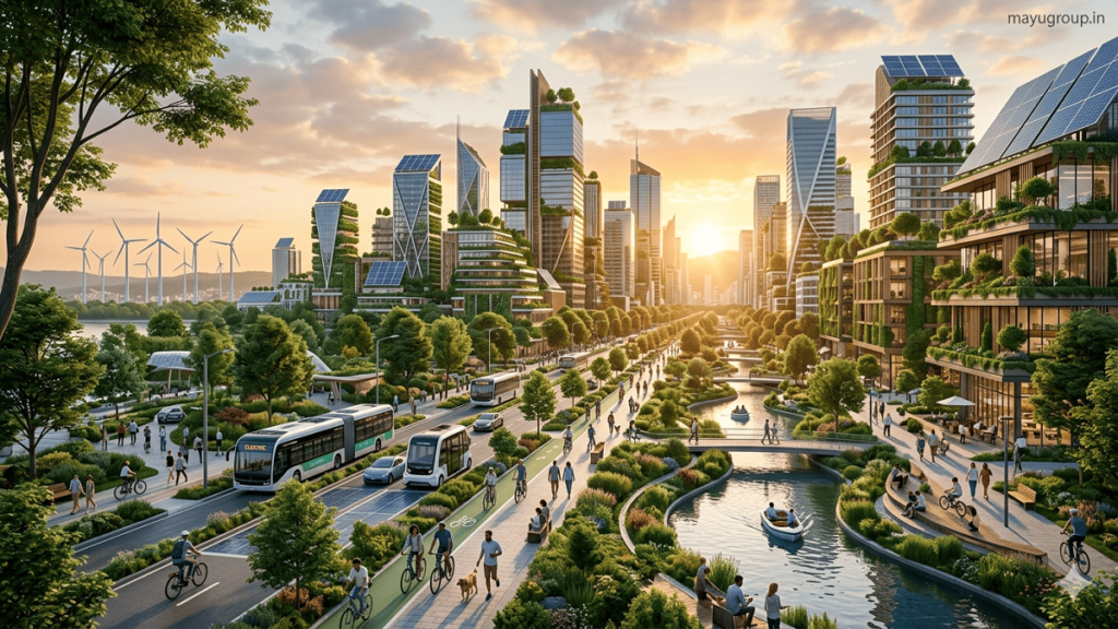 ESG & Sustainability. A futuristic eco-friendly smart city with green buildings, solar panels, wind turbines, clean transport, and people living in a sustainable urban environment at sunrise.
