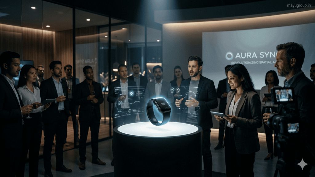 Startup team presenting a futuristic tech gadget to investors in a modern innovation studio during a crowdfunding-style product launch.