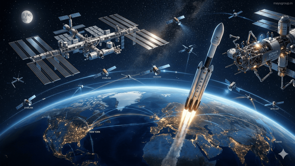 SpaceTech Funding. Cinematic view of Earth surrounded by satellites, rockets launching, and orbital stations with glowing data streams connecting financial hubs to space infrastructure, with a watermark “mayugroup.in” in the top-right corner.