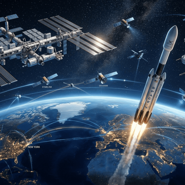 Cinematic view of Earth surrounded by satellites, rockets launching, and orbital stations with glowing data streams connecting financial hubs to space infrastructure, with a watermark “mayugroup.in” in the top-right corner.
