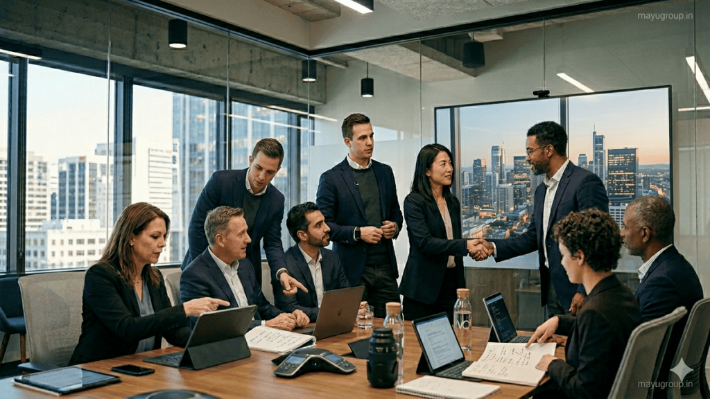 Startup Profiles. Startup team and business partners collaborating in a modern glass office with laptops during a strategic meeting.