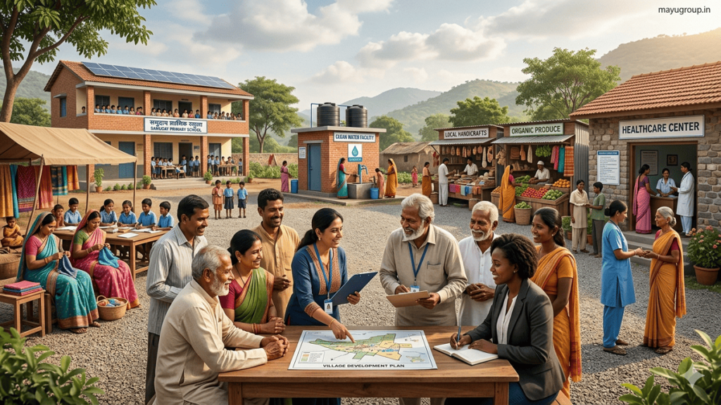 Community Investments. Community members working together in a rural setting with a school, healthcare center, clean water facility, and small business activities supported by development initiatives.