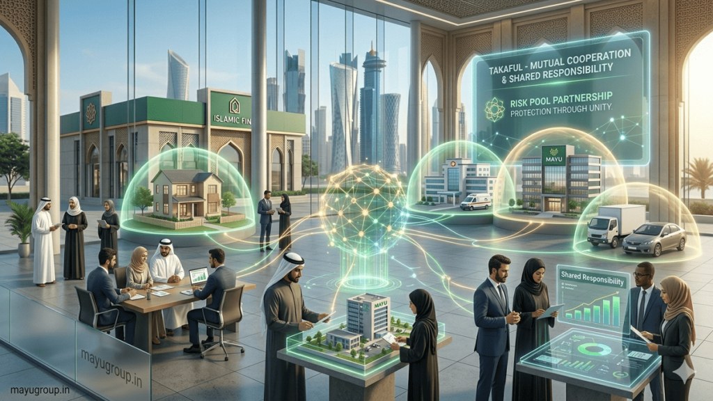 A cinematic scene showing Islamic insurance (Takaful) where people contribute to a shared protection fund that safeguards homes, vehicles, hospitals, and businesses through a cooperative risk-sharing system.